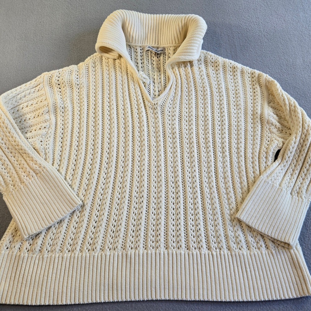 Tommy Bahama Sweater Women XL Cream Pointelle Cable Knit V-Neck‎ Collar SW421061